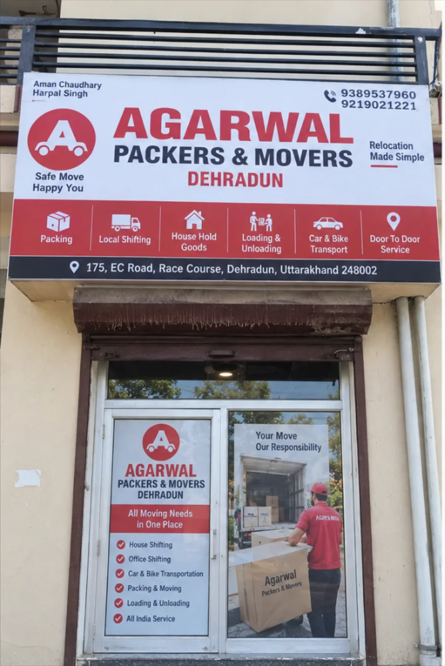 Agarwal Packers and Movers office frontage with signage at 175 EC Road, Race Course, Dehradun